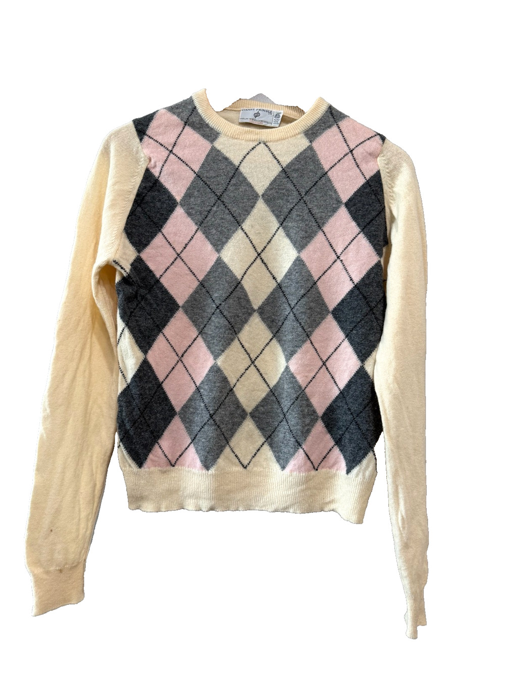James Pringle Sweater unisex pink cream gray Argyle lux soft Wool Scotland Sz-M